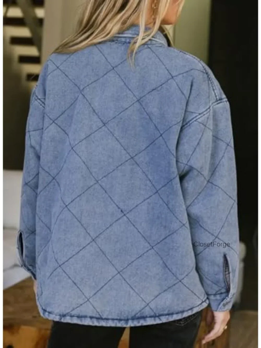 Oversized Denim Shacket Jacket with Pockets Long Sleeve Button Down